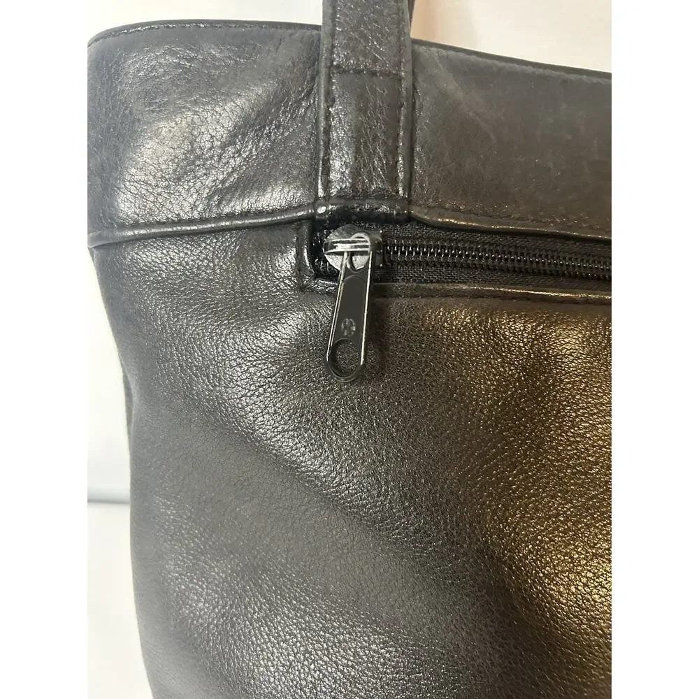 Mila Paoli Black Genuine Leather Shoulder Tote Work Bag Multi Compartment